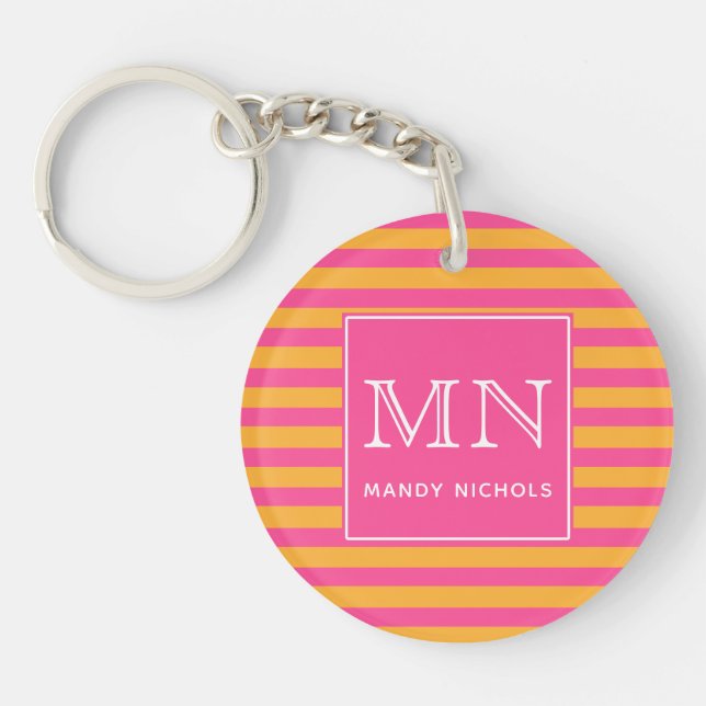 Hot Pink and Orange Striped Monogram Keychain (Front)
