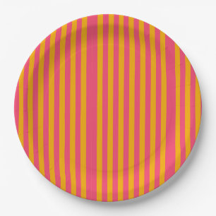 Hot Pink and Orange Vertical Stripes Pattern Paper Plate