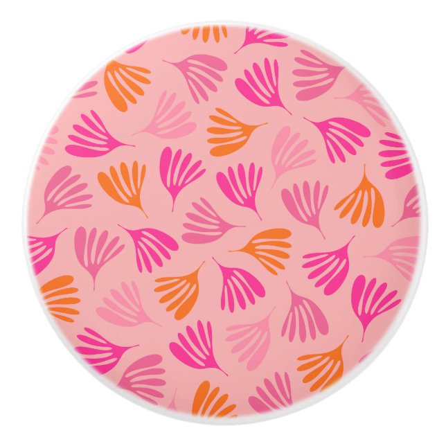 Hot Pink and Orange Wisp Leaves Modern Pattern Ceramic Knob (Front)