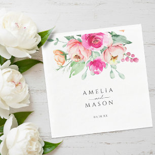 Hot Pink and Peach Floral Watercolor Wedding  Napkin