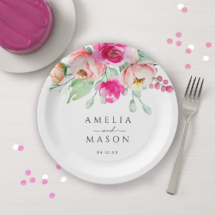 Hot Pink and Peach Watercolor Flowers Wedding  Paper Plate