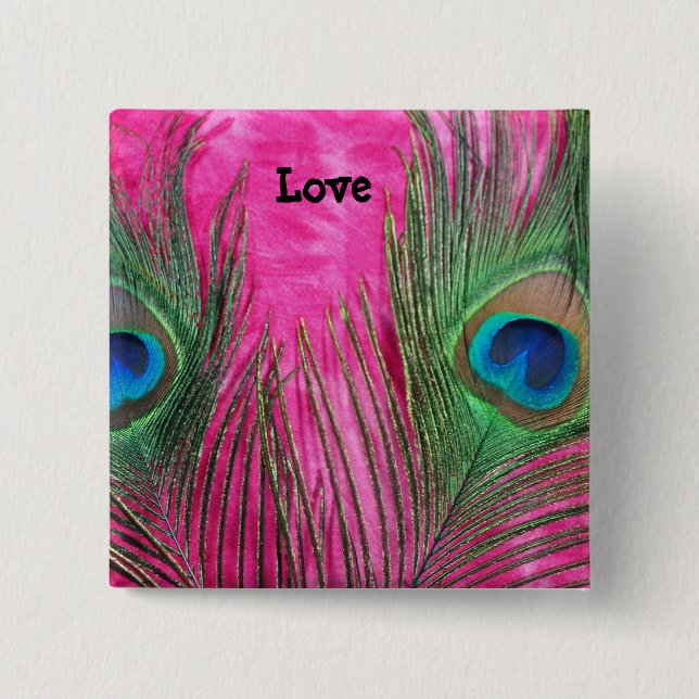 Hot Pink and Peacock Feathers 2 Inch Square Button (Front)