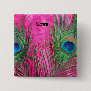 Hot Pink and Peacock Feathers 2 Inch Square Button