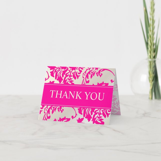 Hot Pink and Pearl Damask Thank You/DIY text Thank You Card (Front)