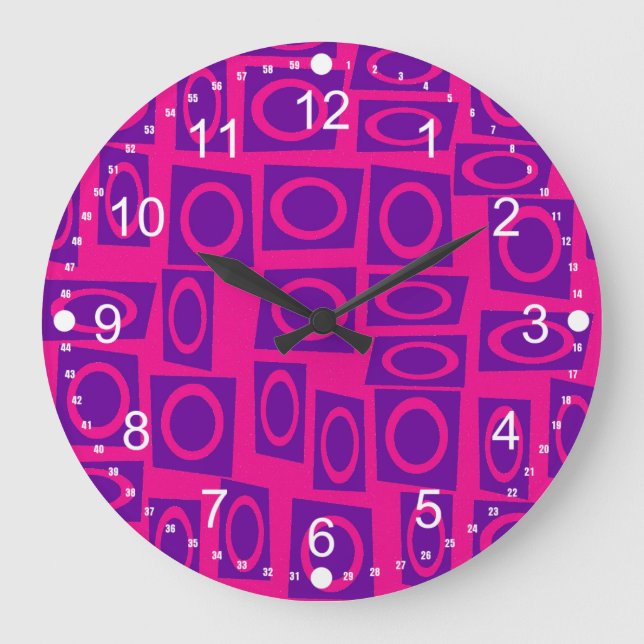 Hot Pink and Purple Fun Circle Square Pattern Large Clock (Front)