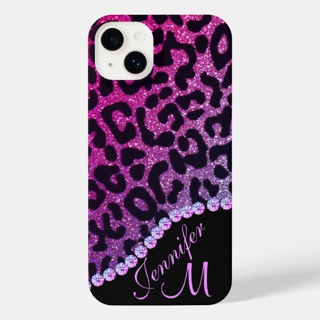 Hot Pink and Rhinestone Leopard Glitter Monogram iPhone Case (Back)