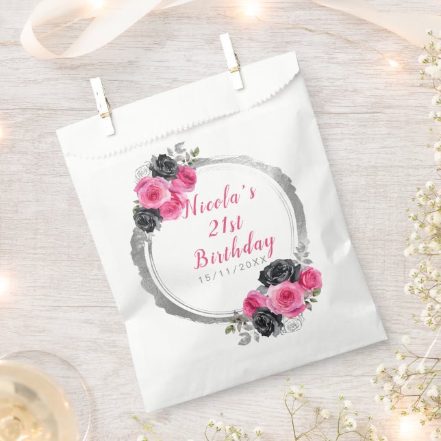 Hot Pink and Silver Elegant Flower Birthday Party Favour Bag (Clipped)