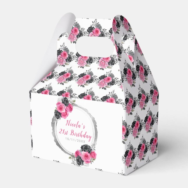 Hot Pink and Silver Elegant Flowers Birthday Favor Box (Front Side)