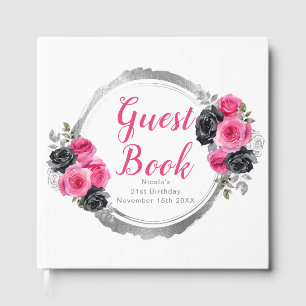 Hot Pink and Silver Elegant Flowers Birthday Party Guest Book