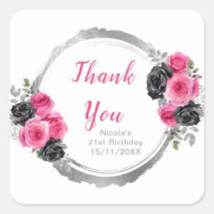Hot Pink and Silver Elegant Flowers Birthday Party Square Sticker