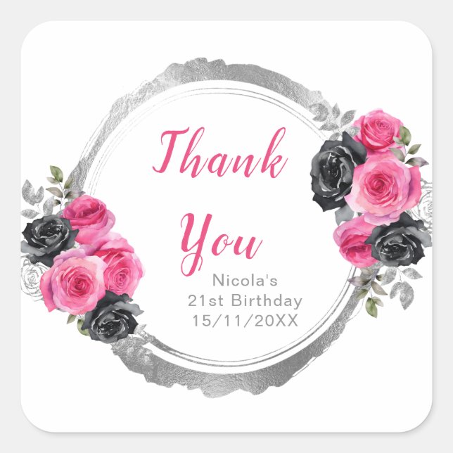 Hot Pink and Silver Elegant Flowers Birthday Party Square Sticker (Front)