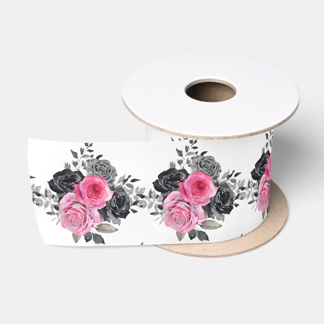 Hot Pink and Silver Elegant Flowers Satin Ribbon (Spool)
