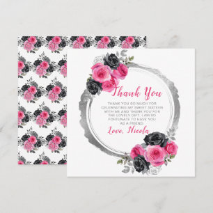 Hot Pink and Silver Elegant Flowers Sweet Sixteen Thank You Card