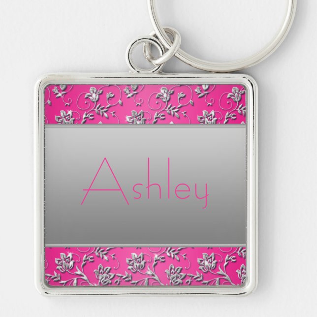 Hot Pink and Silver Floral Keychain with Name (Front)