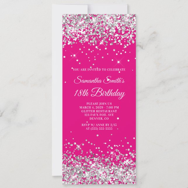 Hot Pink and Silver Glitter 18h Birthday Invitation (Front)