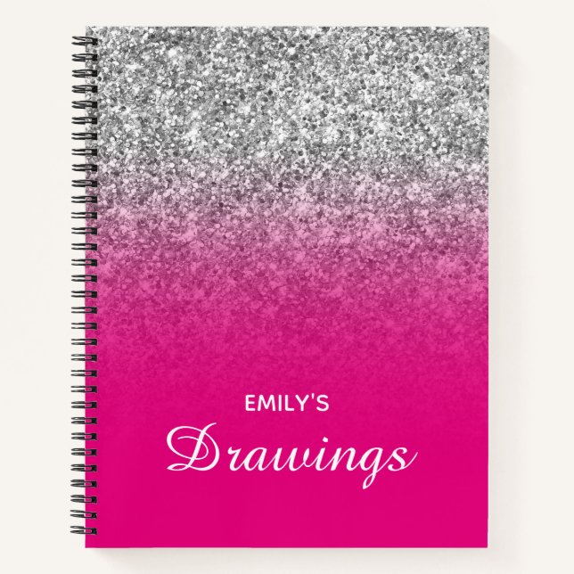 Hot Pink and Silver Glitter Ombre Drawing Notebook (Front)