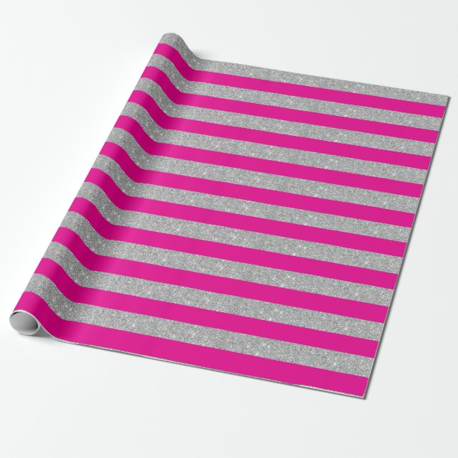Hot Pink and Silver Glitter Stripes Wrapping Paper (Unrolled)