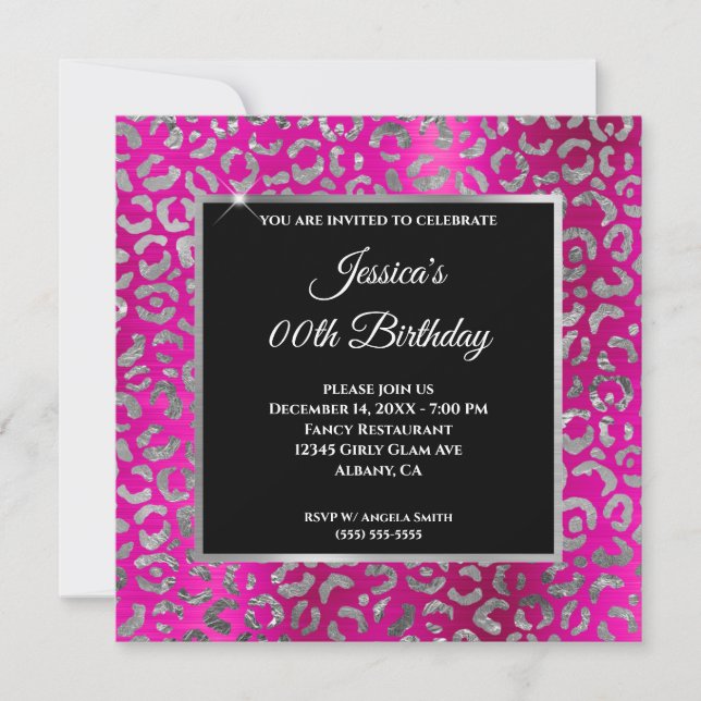 Hot Pink and Silver Leopard Foil Girly Birthday Invitation (Front)