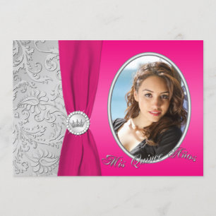 Hot Pink and Silver Photo Quinceanera Invitation