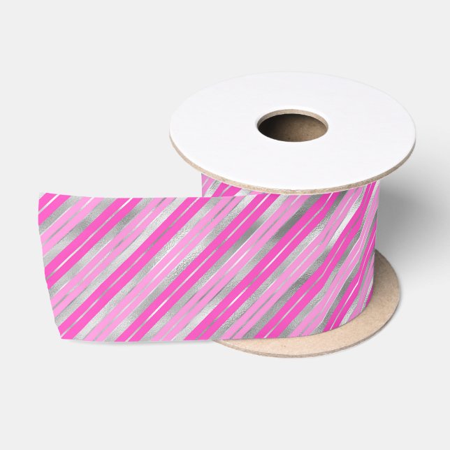 Hot Pink and Silver Stripes Satin Ribbon (Spool)