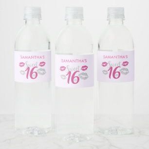 Hot Pink and Silver Sweet Sixteen Birthday Water Bottle Label