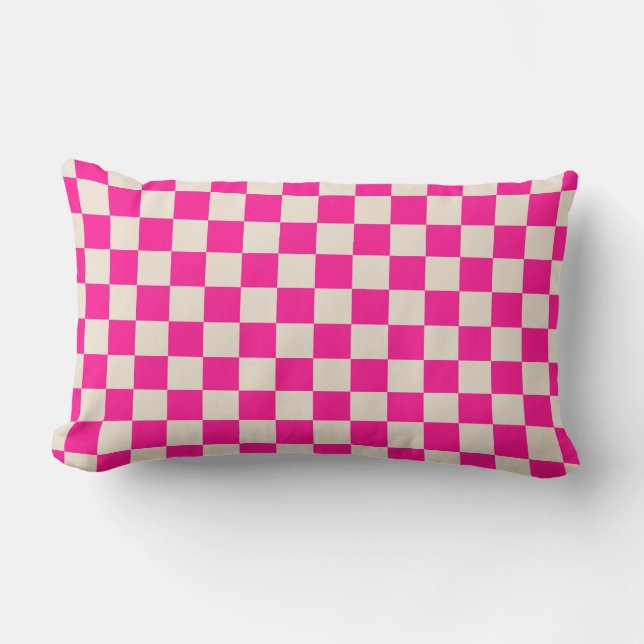 Hot pink and tan chequerboard pattern lumbar pillow (Front)
