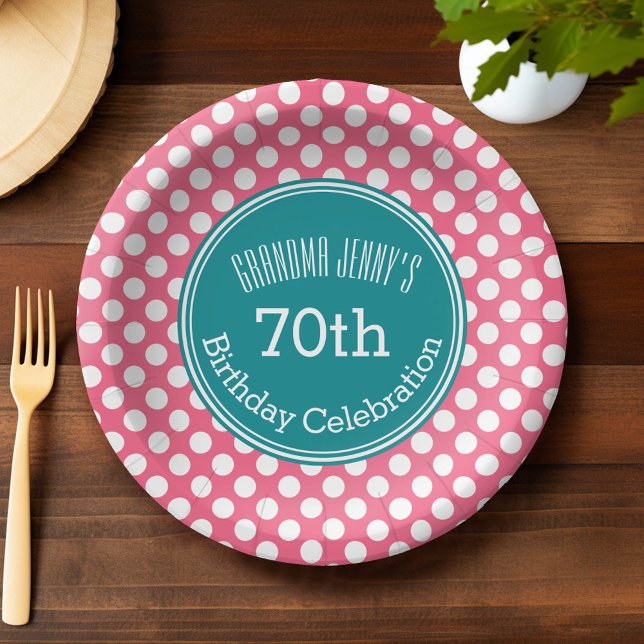 Hot Pink and Teal Polka Dots with Custom Monogram Paper Plate (Custom Paper Plate)