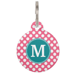 Hot Pink and Teal Polka Dots with Custom Monogram Pet Tag