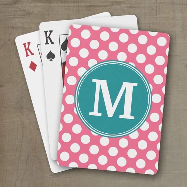 Hot Pink and Teal Polka Dots with Custom Monogram Playing Cards (Personalized playing cards)