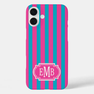 Hot Pink and Turquoise Monogrammed Stripes iPhone 16 Plus Case