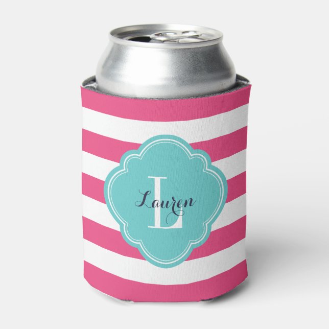 Hot Pink and Turquoise Preppy Stripes Monogram Can Cooler (Can Front)
