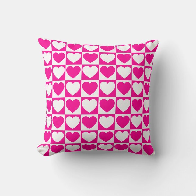 Hot Pink and White Chequered Pattern With Hearts Throw Pillow (Front)