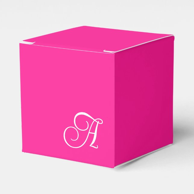 Hot Pink and White Curly Script Monogram Favor Box (Front Side)