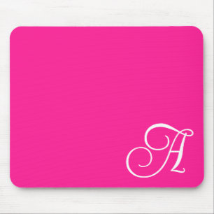 Hot Pink and White Curly Script Monogram Mouse Pad