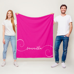 Hot Pink and White Curly Signature Name Fleece Blanket