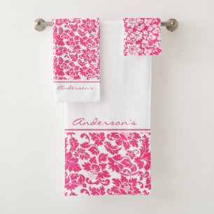 Hot Pink And White Damask Bath Towel Set