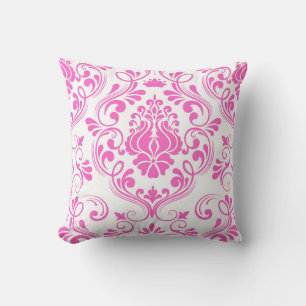 Hot Pink and White Damask Floral Pattern Elegant  Throw Pillow