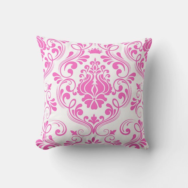 Hot Pink and White Damask Floral Pattern Elegant  Throw Pillow (Front)