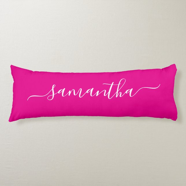 Hot Pink and White Elegant Script Signature Name Body Pillow (Front)