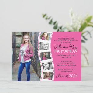 Hot Pink and White Filmstrip 6 Photo Graduation Invitation