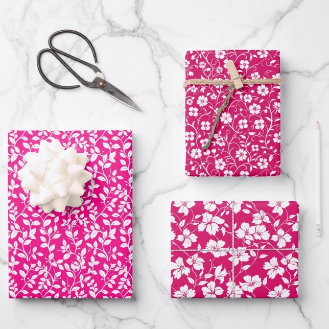 Hot Pink and White Floral Pattern Wrapping Paper Sheet (Front)