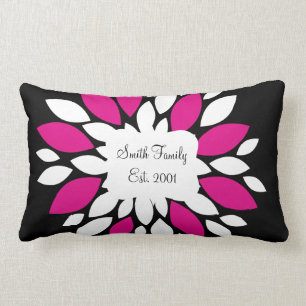 Hot Pink and White Flower Petals Art on Black Lumbar Pillow