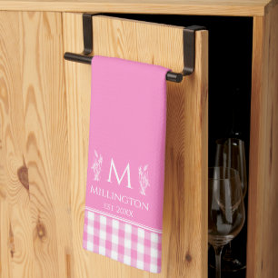 Hot Pink and White Gingham Custom Name Monogram Kitchen Towel