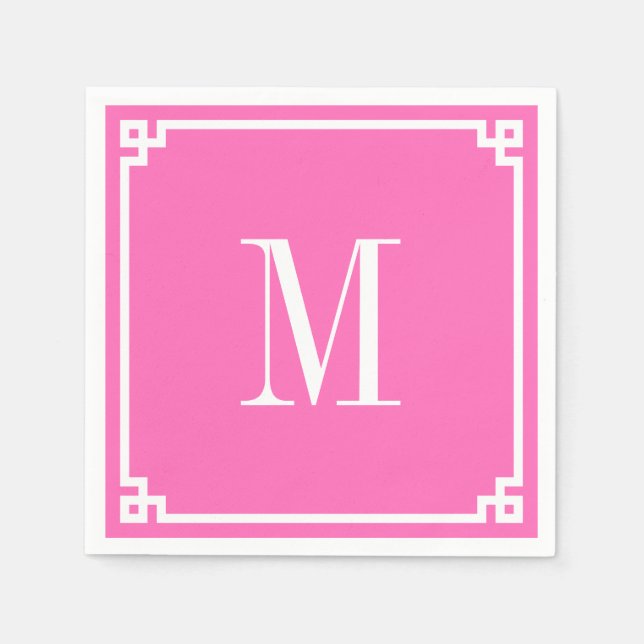 Hot Pink and White Greek Key Border Monogram Napkin (Front)