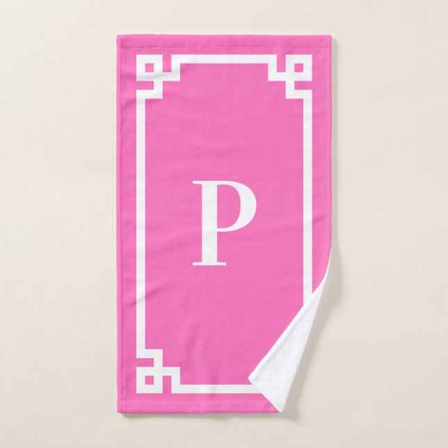 Hot Pink and White Greek Key Border Monogrammed Hand Towel (Hand Towel)
