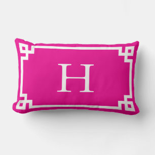Hot Pink and White Greek Key Monogram Lumbar Pillow