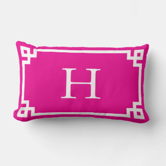 Hot Pink and White Greek Key Monogram Lumbar Pillow