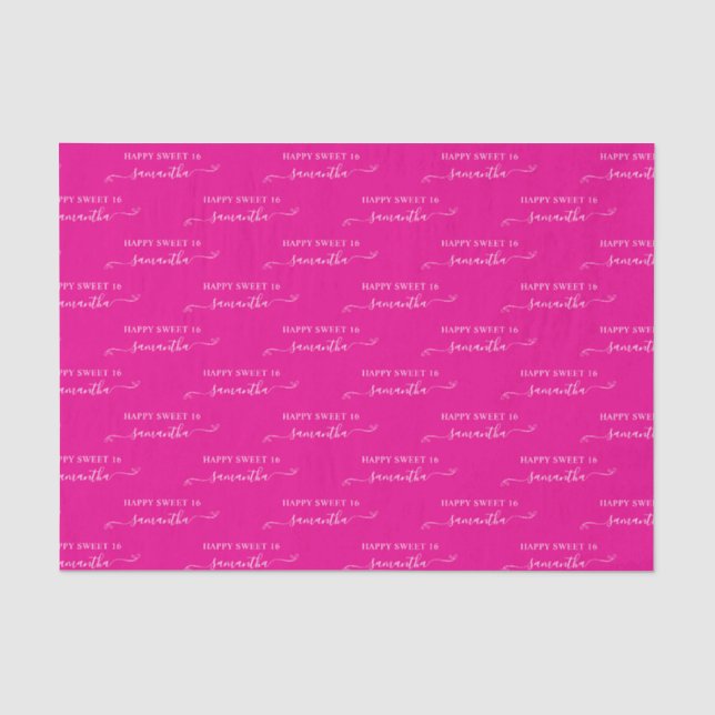 Hot Pink and White Happy Sweet 16 Cute Bow Name Tissue Paper (Front)