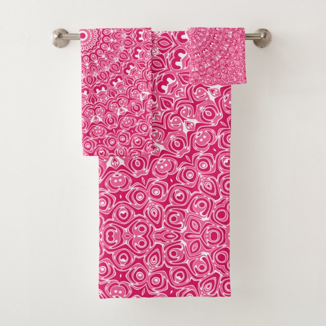 Hot Pink and White Mandala Pattern Bath Towel Set (Insitu)