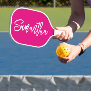 Hot Pink and White Modern Brush Script Pickleball Paddle